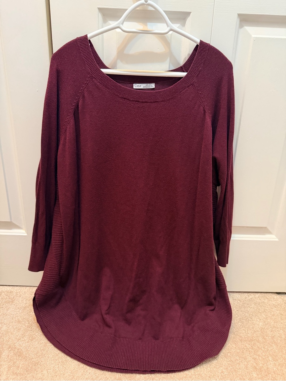 2! Dex Women's Knit Tunic Sweater with 3/4 Length Sleeves - Burgundy and Tan